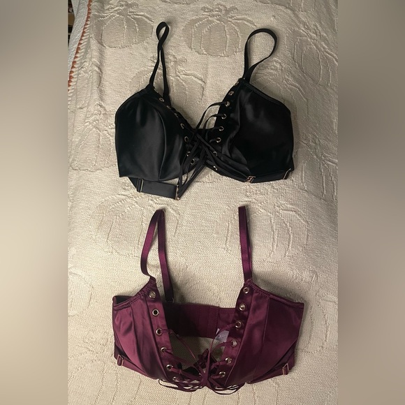 Savage X Fenty lot 2 32D bondage corset cleavage garter belt bra plum black - Picture 9 of 13
